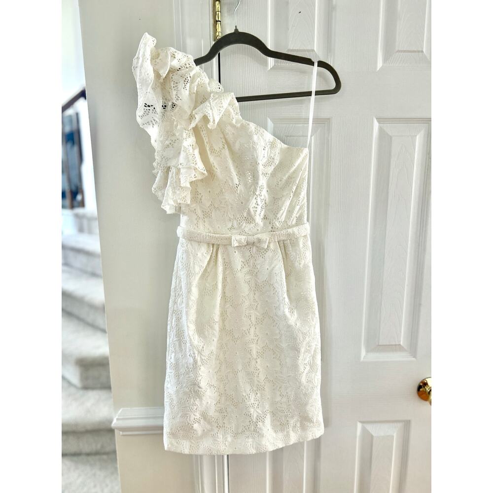 The Dress Priscilla of Boston Cream White Eyelet Ruffle Shoulder Mini Dress